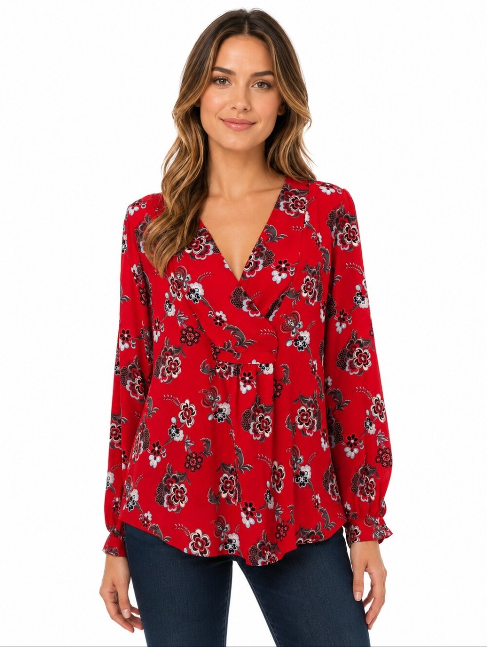 LOFT‎ Outlet Red Floral Wrap Look Blouse Women's Large Long Sleeve V-Neck Top